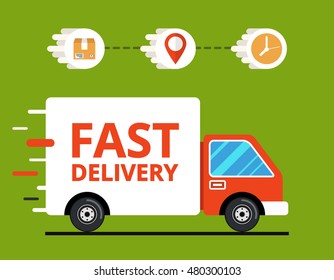 Concept of the shipping service. Truck van of delivery rides at high speed. Flat vector illustration.