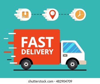 Concept of the shipping service. Truck van of delivery rides at high speed. Flat vector illustration.