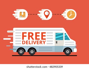 Concept of the shipping service. Truck van of delivery rides at high speed. Flat vector illustration.