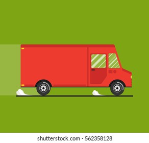 Concept of the shipping service. Truck van of delivery rides at high speed. Flat vector illustration.