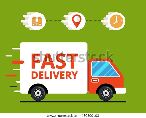 Concept of the shipping\
service. Truck van of delivery rides at high speed. Flat vector\
illustration.