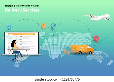 Concept of shipping, tracking and courier delivery services, businesswoman is working to track the shipment by van and airplane on laptop that shown in a big screen.