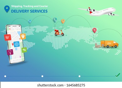 Concept of shipping, tracking and courier delivery services, icon about shopping online on top of the display which contains map and gps. Route of shipment, Van, Scooter and Airplane in a background.