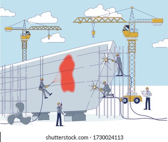 Concept Of Shipyard. People Do Shipbuilding. Team Of Workers Repair Big Ship Use Professional Equipment And Technologies. Engineer Controls Process. Cartoon Linear Outline Flat Vector Illustration