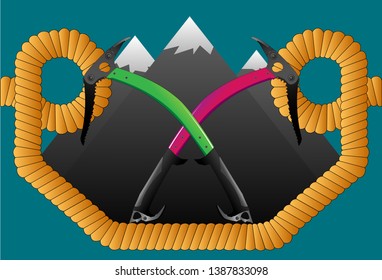 Concept for shirt or logo, print, stamp or tee. Outdoors adventure emblem. Design with ice axe, rock climbing Goat and mountain silhouette. 