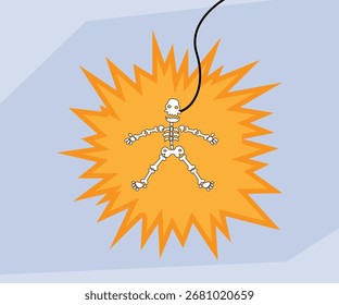 The Concept of a Shocking Discovery, a Skeleton on an Electrocuted Lightbulb 2d flat vector illustration