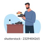 Concept of shoe care, man polishes his shoes with brush and wax. Boy cleaning leather classic style footwear. Professional shoe cosmetics, shoemaker guy. Vector cartoon flat illustration