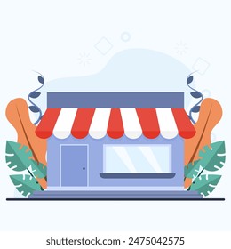 Concept of shop, shop, market. grocery store, supermarket with different foodstuffs. shop window. The flat design is suitable for various purposes. Vector illustration in flat style.