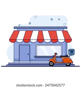 Concept of shop, shop, market. grocery store, supermarket with different foodstuffs. shop window. The flat design is suitable for various purposes. Vector illustration in flat style.