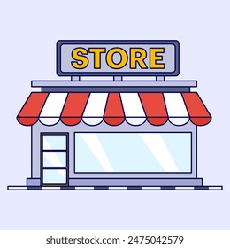 Concepto de tienda, tienda, mercado. tienda de comestibles, supermercado con diferentes productos alimenticios. escaparate. El diseño plano es adecuado para varios propósitos. Ilustración vectorial en estilo plano.