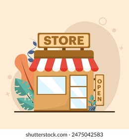 Concept of shop, shop, market. grocery store, supermarket with different foodstuffs. shop window. The flat design is suitable for various purposes. Vector illustration in flat style.