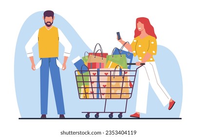 Concept of shopping addiction, female shopaholic buys lot of unnecessary things spending all money of man. Family financial problems. Shopaholic girl vector cartoon flat illustration