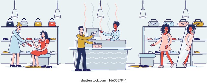 Concept Of Shopping In Footwear And Accessories Fashion Store. Male And Female Characters Try On And Buy Shoes And Accessories. Fashion Boutique Store. Cartoon Outline Linear Flat Vector Illustration