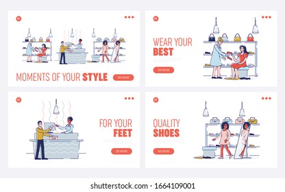 Concept Of Shopping In Footwear And Accessories Store. Website Landing Page. People Do Shopping In Footwear And Accessories Store. Cartoon Outline Linear Flat Vector Illustration