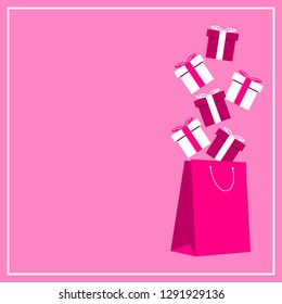 The concept of shopping gifts on a pink background. Gift boxes fly into a large pink gift bag. Vector illustration.