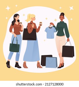 Concept of shopping. Girl shows her friends bought clothes. Beauty and fashion, trendy things. Girlfriends went shopping at supermarket, characters with bag. Cartoon flat vector illustration