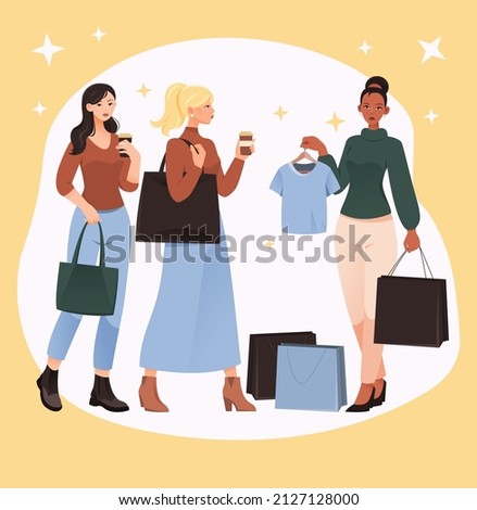 Concept of shopping. Girl shows her friends bought clothes. Beauty and fashion, trendy things. Girlfriends went shopping at supermarket, characters with bag. Cartoon flat vector illustration