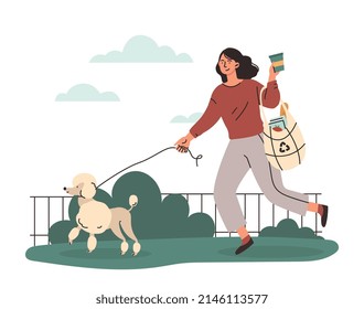 Concept of shopping. Girl walks dog with bag in her hands. Active lifestyle and character in city or town park. Hardworking woman doing daily chores, routine. Cartoon flat vector illustration