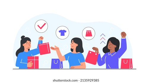 Concepto de compras. Niñas con paquetes al salir. Comprar ropa en supermercado, moda y estilo, tendencias. Las mujeres se alegran de la renovación del armario, novias. Dibujo vectorial plano de dibujos animados