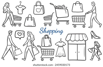 Concept of shopping, making purchases in shops, mall. People with packages, bags going to the supermarket. Set of hand drawn vector sketch illustrations in doodle engraved line art style