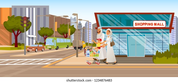 The Concept Shopping Mall downtown on the Road. Vector Illustration of Cartoon Happy Arab Family going to the grocery Store. Full food Shopping cart. Supermarket Building on the Background of the City
