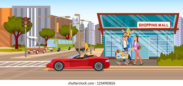 The Concept Shopping Mall Downtown On The Road. Vector Illustration Of Cartoon Happy Family Going To The Grocery Store. Full Food Shopping Cart. Red Car Cabriolet On The Background Of A Supermarket