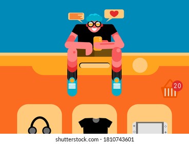 Concept is shopping online. So I create The boy online shopping and sit on smartphone. online shopping, internet, new normal life .