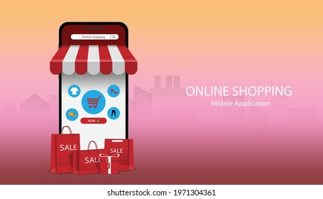 Concept of shopping online on mobile smart phone in application with with red bag paper, gift box . Market sale , Vector illustration 