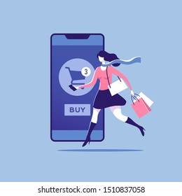 Concept of shopping online using smartphone. Woman walking with bags. Seasonal and holiday sale. Vector illustration.