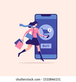 Konzept des Online-Shopping mit Smartphone. Frauen laufen mit Taschen. Saisonale und Ferienwohnungen. Vektorillustration.