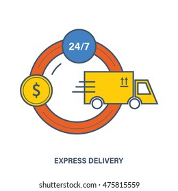 Concept of shopping, payment and express delivery. Color Line icons. Flat Vector illustration