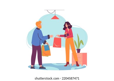 Concept Shopping con gente escena al estilo de dibujos animados planos. El consultor de tienda entrega los productos envasados al cliente de la tienda. Ilustración vectorial.
