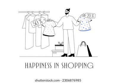 Concept Shopping with people scene in the flat cartoon design. A woman chooses a shirt she wants to buy while shopping. Vector illustration.