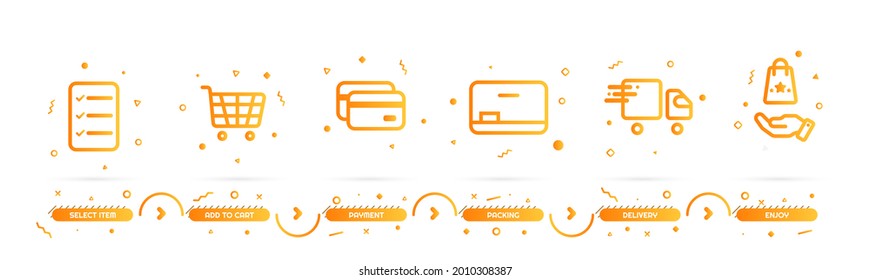Concepto de proceso de compra con 6 pasos sucesivos. Seis elementos gráficos coloridos. Diseño cronológico para folleto, presentación, sitio web. Diseño gráfico. Vector de proceso de compra vibrante