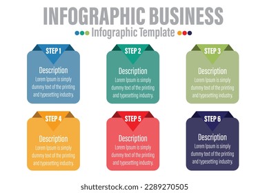 Concepto de proceso de compra con seis pasos o seis opciones. Tres elementos gráficos coloridos. Diseño cronológico para folleto, presentación, sitio web. Diseño gráfico.