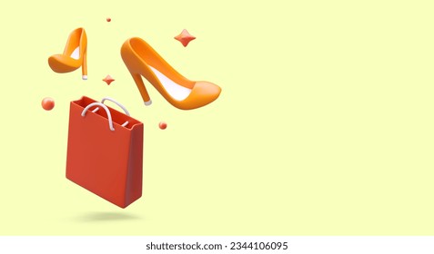 Concepto de compras en una tienda de zapatos. Calzado 3D flotante, bolsa de papel rojo con asas. Pancarta vectorial sobre fondo amarillo. Tiempo de compras. Plantilla promocional