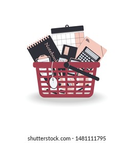 Concept of shopping of stationery for school or office.Shopping basket with folders in trendy colours pink navy, pen,pencils, to do list,planner, envelope, mouse,mobile phone.Vector illustration