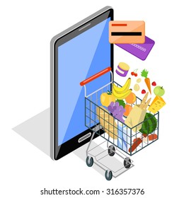 Concept of shopping via the internet shop. Online and smartphone, card pay, web sale, e-commerce and foodstuffs, business technology, convenience and mobile illustration
