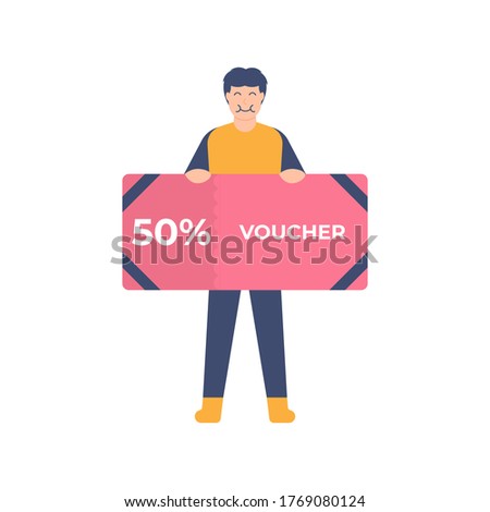 the concept of shopping vouchers, loyalty programs, loyal customers, get rewards. illustration of man holding a voucher card or discount card. can be used for elements, landing pages, UI, websites