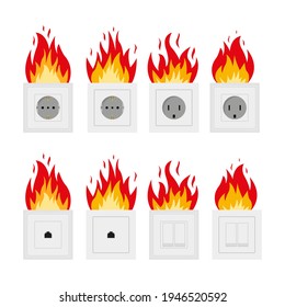 El concepto de cortocircuito en el enchufe. incendio eléctrico. Llama desde enchufes en un estilo plano. Conexión eléctrica a la sobrecarga. Diseño aislado en blanco. Ilustración del vector