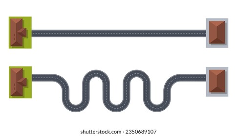 Concept of short, straight path and long way, winding path. Top view on city road. Curve and zigzag speedway, map and journey route. Two ways to same goal. Vector cartoon flat illustration