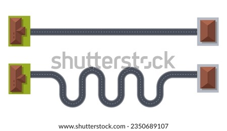 Concept of short, straight path and long way, winding path. Top view on city road. Curve and zigzag speedway, map and journey route. Two ways to same goal. Vector cartoon flat illustration