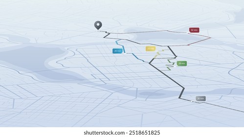 Conceito de caminho mais curto para a meta. Plano de navegação abstrato no mapa da cidade. Mapa isométrico com objetivo pretendido e vários caminhos para o destino. Ilustração vetorial