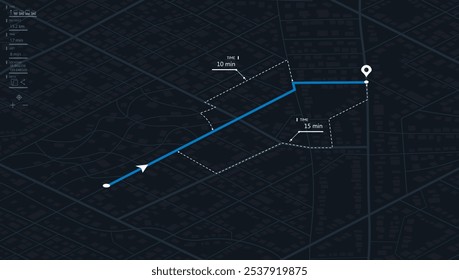 Conceito de caminho mais curto para a meta. Plano de navegação abstrato no mapa da cidade. Mapa isométrico com objetivo pretendido e vários caminhos para o destino. Ilustração vetorial