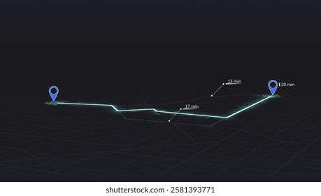 Concept of shortest path to the goal. Abstract navigation plan on city map. Isometric map with intended goal and several paths to destiny. Vector illustration