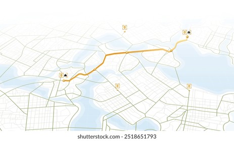 Concept of shortest path from home to work. Online location tracking on city map. POIs along the way. Huge city map with roads streets as background. Vector illustration
