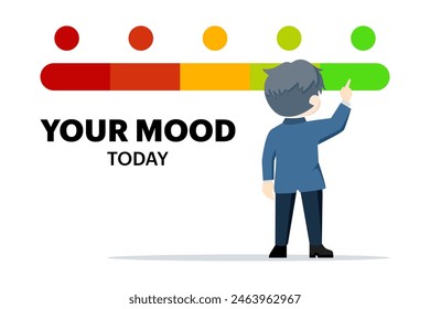 The concept of showing a person's mood. a man points to a mood icon in green as a happy symbol. This design is suitable for posters, moods, presentations and more.