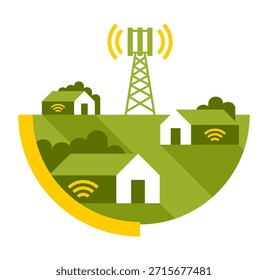 Das Konzept zeigt ein ländliches drahtloses Netzwerk mit Häusern, die über verteilte Knoten und einen nahegelegenen Turm verbunden sind. Nützlich für Telekom-Präsentationen, Breitbandausbauprojekte und Konnektivität