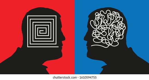 Concept showing two profiles which symbolize opposite methods of reasoning with a rational brain facing a confused mind.