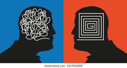 Concept showing two profiles which symbolize opposite methods of reasoning with a rational brain facing a confused mind.